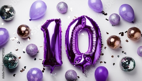 Purple balloon number 10 for tenth birthday or anniversary party. White background with confetti photo