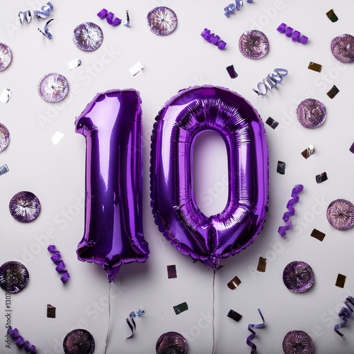 Purple balloon number 10 for tenth birthday or anniversary party. White background with confetti photo