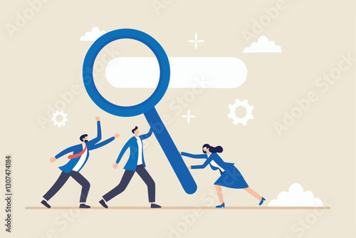 Search new job, finding candidate or discover talent, hiring and recruitment, SEO search engine optimization, find career opportunity concept, business people HR push magnifying glass on search bar.