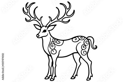 Deer with Ornamental Antler – Elegant Line Art Vector for Nature and Wildlife Designs

