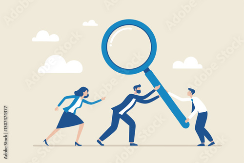 Search new job, finding candidate or discover talent, hiring and recruitment, SEO search engine optimization, find career opportunity concept, business people HR push magnifying glass on search bar.