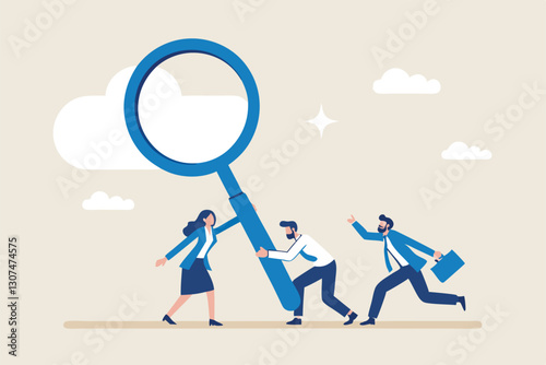 Search new job, finding candidate or discover talent, hiring and recruitment, SEO search engine optimization, find career opportunity concept, business people HR push magnifying glass on search bar.