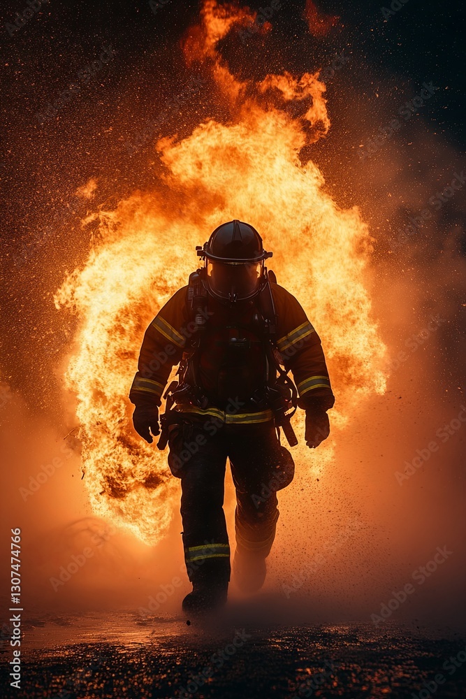 Silhouette of a fireman against the background of fire Silhouette of a fireman against the background of fire