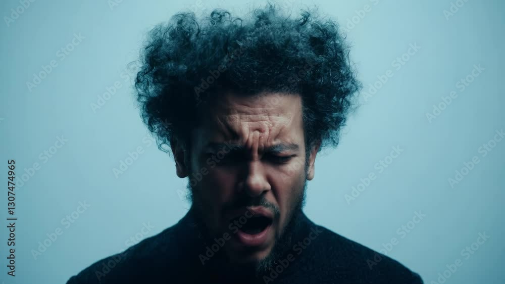 Static close-up video, soft diffused light, a man with a twisted facial scar, eccentric hairstyle expressing fear, plain pale blue background, his eyes widen, his breath quickens Static close-up video, soft diffused light, a man with a twisted facial scar, eccentric hairstyle expressing fear, plain pale blue background, his eyes widen, his breath quickens