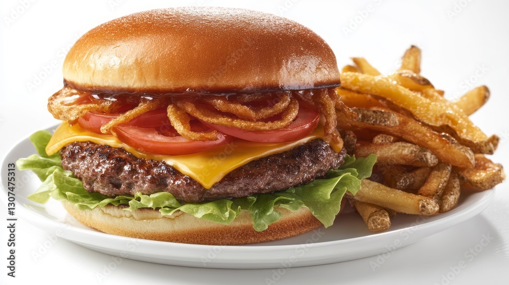 Juicy Cheeseburger with Crispy Onions and Golden Brown Fries Juicy Cheeseburger with Crispy Onions and Golden Brown Fries