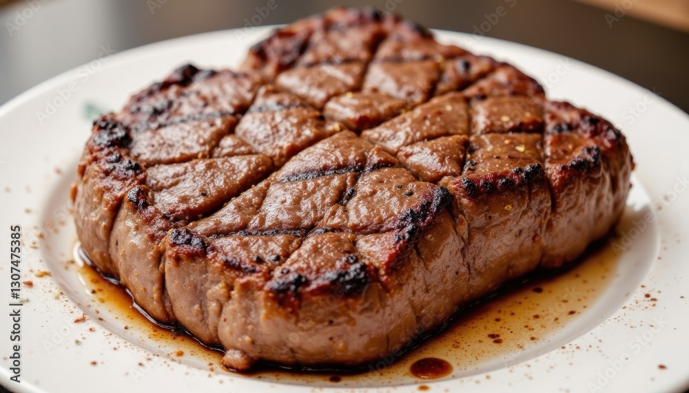 The illustration shows a succulent piece of cooked beef, perfectly seared with grill marks and oozing with flavorful juices, garnished with herbs and spices, on a white plate The illustration shows a succulent piece of cooked beef, perfectly seared with grill marks and oozing with flavorful juices, garnished with herbs and spices, on a white plate