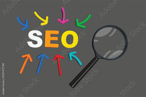 SEO, Search Engine Optimization ranking concept, magnifying glass with arrows pointing to alphabets abbreviation SEO at the center of cement wall chalkboard, the idea of promote traffic to website.