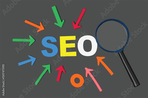 SEO, Search Engine Optimization ranking concept, magnifying glass with arrows pointing to alphabets abbreviation SEO at the center of cement wall chalkboard, the idea of promote traffic to website.