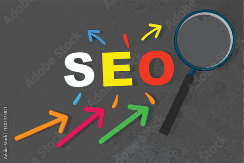 SEO, Search Engine Optimization ranking concept, magnifying glass with arrows pointing to alphabets abbreviation SEO at the center of cement wall chalkboard, the idea of promote traffic to website.