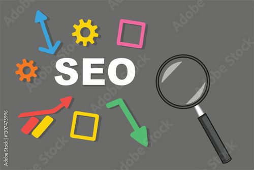 SEO, Search Engine Optimization ranking concept, magnifying glass with arrows pointing to alphabets abbreviation SEO at the center of cement wall chalkboard, the idea of promote traffic to website.