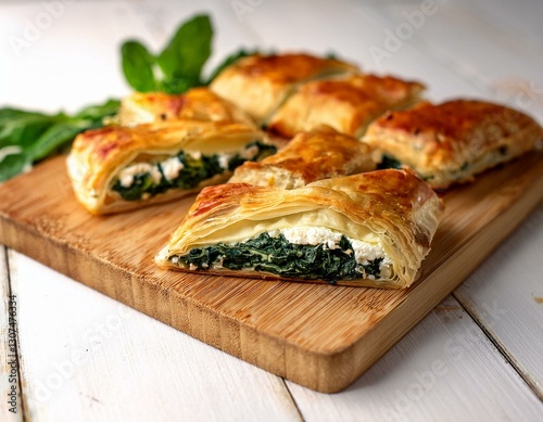 fresh wooden background feta tasty flaky phyllo dough turkish food snack gourmet culinary a close up stock photo of a delicious borek with spinach on a white wooden table