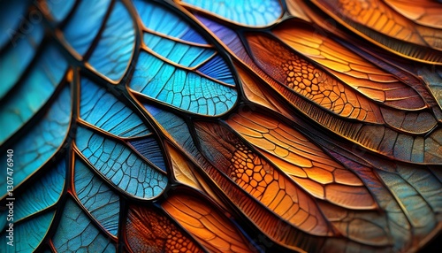 vibrant butterfly wing texture showcasing microscopic patterns with shimmering blues oranges and black intricate veining