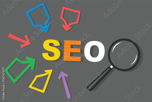 SEO, Search Engine Optimization ranking concept, magnifying glass with arrows pointing to alphabets abbreviation SEO at the center of cement wall chalkboard, the idea of promote traffic to website.