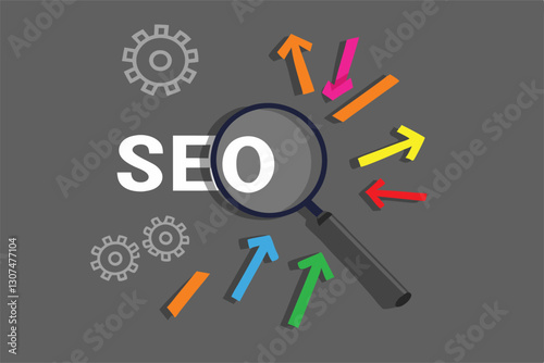 SEO, Search Engine Optimization ranking concept, magnifying glass with arrows pointing to alphabets abbreviation SEO at the center of cement wall chalkboard, the idea of promote traffic to website.