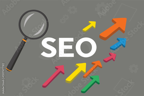 SEO, Search Engine Optimization ranking concept, magnifying glass with arrows pointing to alphabets abbreviation SEO at the center of cement wall chalkboard, the idea of promote traffic to website.