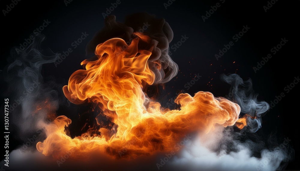 Fototapeta premium smoldering flames of fire and cloud of smoke on black background