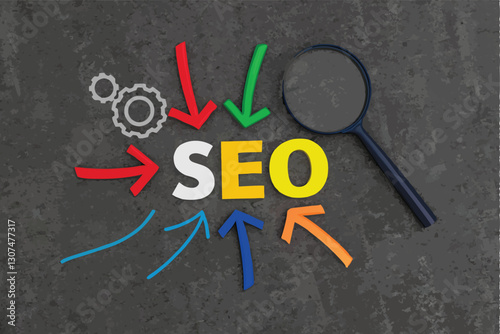 SEO, Search Engine Optimization ranking concept, magnifying glass with arrows pointing to alphabets abbreviation SEO at the center of cement wall chalkboard, the idea of promote traffic to website.