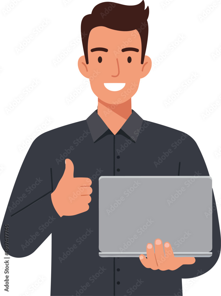 A young man with dark hair smiling and giving a thumbs up while holding a laptop in a flat vector illustration style A young man with dark hair smiling and giving a thumbs up while holding a laptop in a flat vector illustration style