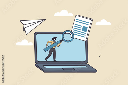 File management or documents archive, computer data backup or virus scan, online cloud storage or search for files concept, businessman with magnifying glass search for file in folder computer laptop.
