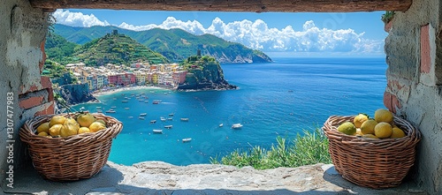 Coastal village seen through a stone window with lemon baskets.