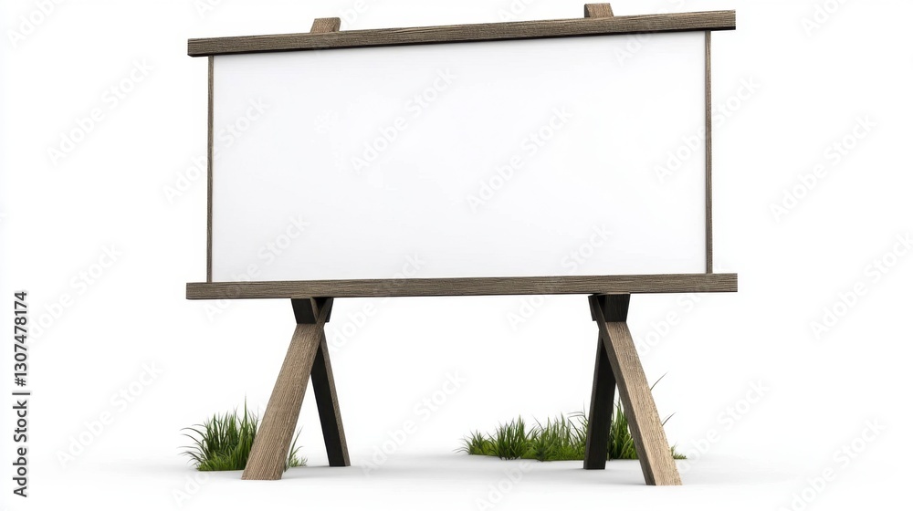 Fototapeta premium Blank white rectangular sign with rustic wooden frame and supports, set against a plain white background with small tufts of grass.
