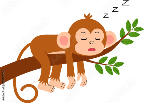 cheerful cute monkey cartoon character sleeping on a tree branch illustration