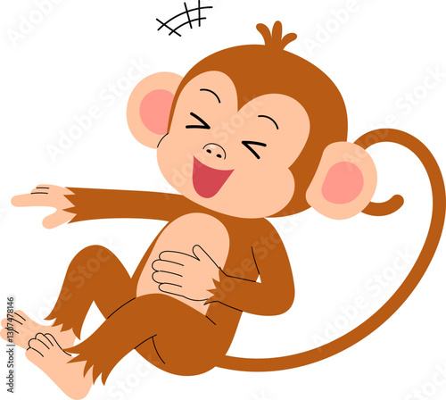 cheerful cute monkey cartoon character laughing and pointing finger illustration