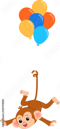 cheerful cute monkey cartoon character hanging by tail with colorful balloons illustration
