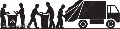 Silhouette of sanitation workers collecting garbage with recycling bins and waste truck, vector illustration of waste management team