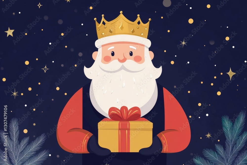 Festive king holding gift amidst starry night Festive king holding gift amidst starry night