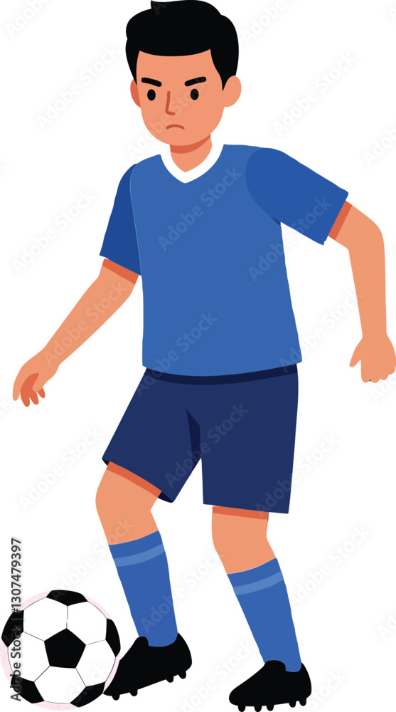 Young male soccer player in blue uniform skillfully dribbling a black and white ball in a flat, colorful vector illustration Young male soccer player in blue uniform skillfully dribbling a black and white ball in a flat, colorful vector illustration