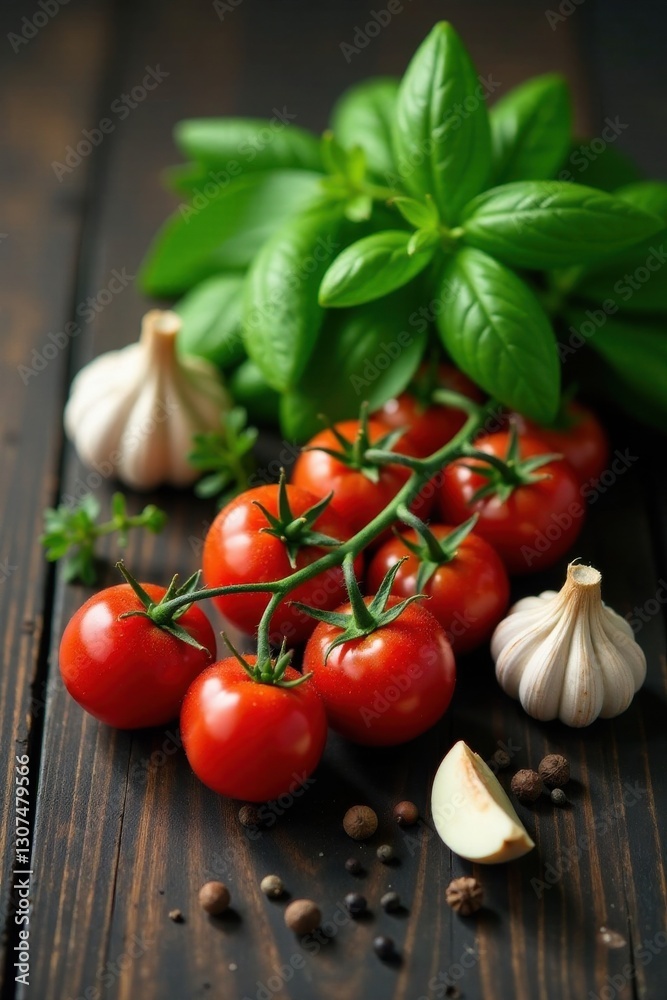 Aromatic Cluster of Cherry Tomatoes, Fresh Basil, and Garlic Cloves on Dark Wood Aromatic Cluster of Cherry Tomatoes, Fresh Basil, and Garlic Cloves on Dark Wood