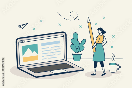 Content writer, blogger or bullet journal, publishing editor or writing article online, copywriter for advertising, freelance journalist concept, creative woman holding pencil with content on website.