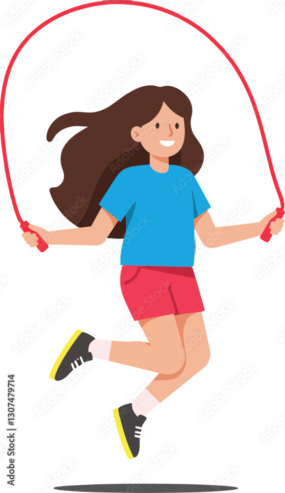 Young girl joyfully jumping rope in a playful, vibrant scene with flat design style vector art Young girl joyfully jumping rope in a playful, vibrant scene with flat design style vector art