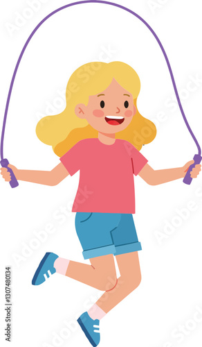 Joyful girl with blonde hair skipping rope in a playful pose, minimal design style, cheerful and energetic mood, vector illustration