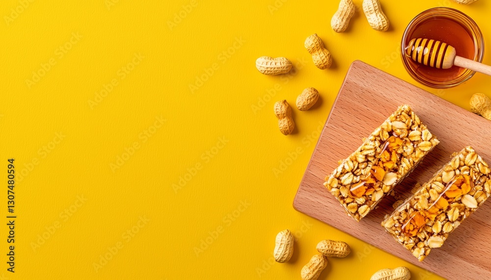 A vibrant, yellow background features nut bars on a wooden board with honey and peanuts scattered around, creating a delightful snack scene. A vibrant, yellow background features nut bars on a wooden board with honey and peanuts scattered around, creating a delightful snack scene.