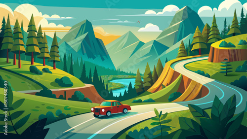 a mountainous, winding road. On a tight lane, there are two cars approaching each other to pass. a lush forest surrounds you.