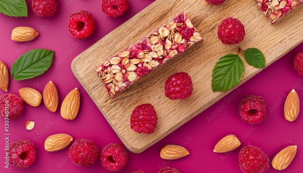 A colorful arrangement of a granola bar topped with raspberries and almonds on a wooden board, surrounded by fresh leaves, creating a vibrant, healthy snack scene. A colorful arrangement of a granola bar topped with raspberries and almonds on a wooden board, surrounded by fresh leaves, creating a vibrant, healthy snack scene.