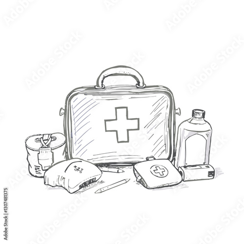 Sketch-style first aid kit with medical supplies