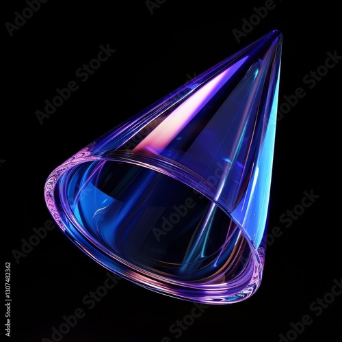 Conical glass shape with blue and purple iridescent reflections on black