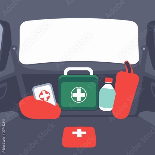 First aid kit in car with emergency supplies in trunk