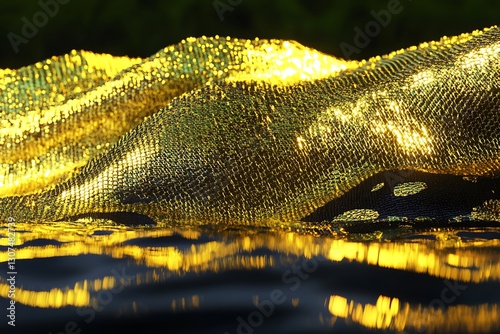 Iridescent gold fabric texture creating hills reflecting in dark liquid