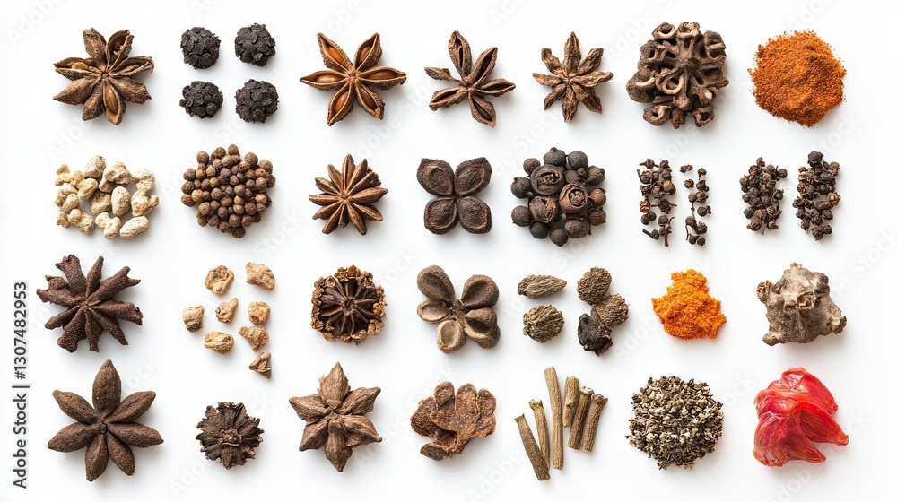 Top view from a bird's eye view of herbs and spices on a plain background used as ingredients for cooking Top view from a bird's eye view of herbs and spices on a plain background used as ingredients for cooking