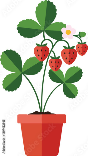 A vibrant strawberry plant in a red pot showcasing lush green leaves and ripe red berries, illustrated in a flat design style, vector illustration
