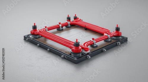 Bold red and black abstract frame design with two prominent red pipes, industrial art