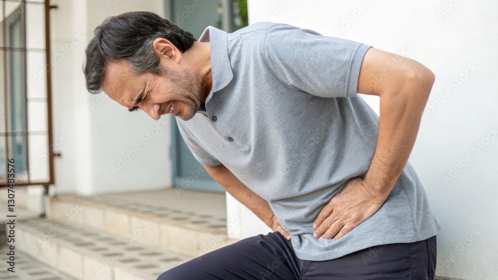Man Experiencing Groin Pain Home Environment Health Issue Indoor Close-up View Medical Concern Man Experiencing Groin Pain Home Environment Health Issue Indoor Close-up View Medical Concern
