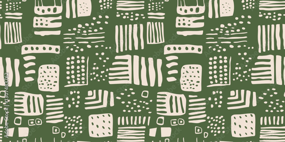 Abstract funky seamless pattern. Vector texture with chaotic shapes, dots, lines, brush strokes. Stylish green and beige background with organic shapes. Repeating design for decor, print, package Abstract funky seamless pattern. Vector texture with chaotic shapes, dots, lines, brush strokes. Stylish green and beige background with organic shapes. Repeating design for decor, print, package