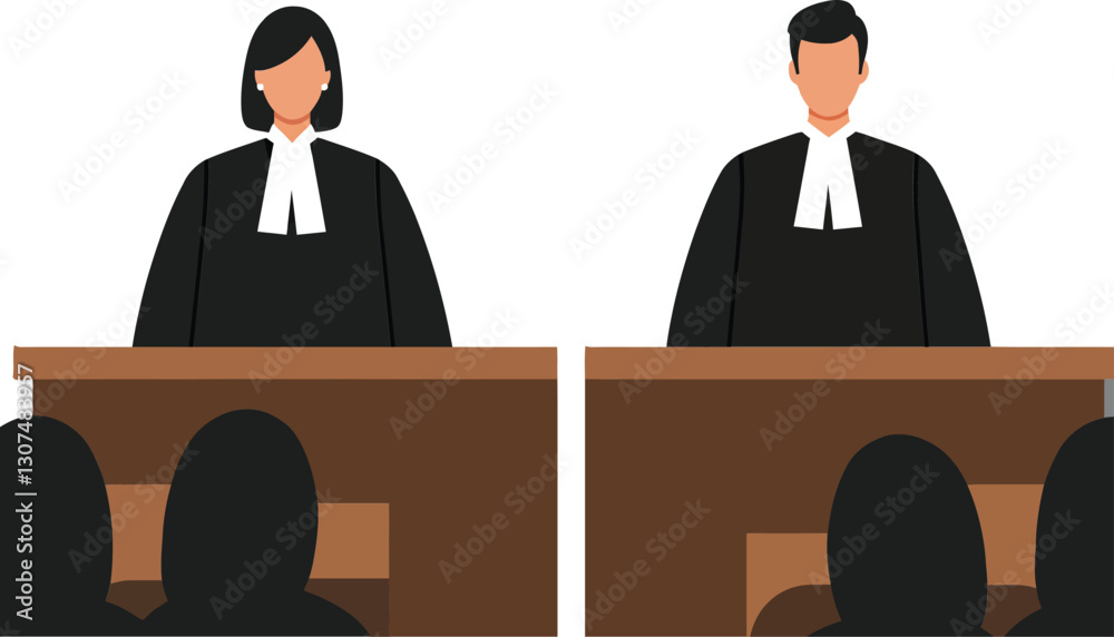 Two lawyers in formal attire presenting arguments at a courtroom with an engaged audience, flat vector art