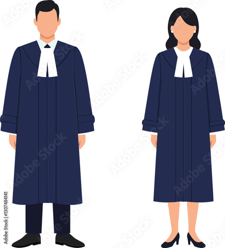 Professional male and female lawyers in formal attire, flat design style, standing confidently side by side, showcasing legal profession pride, vector illustration