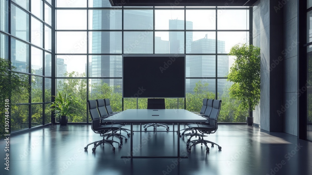 Fototapeta premium A modern conference room equipped with a smartboard, minimalist design, and comfortable chairs arranged around a central table.